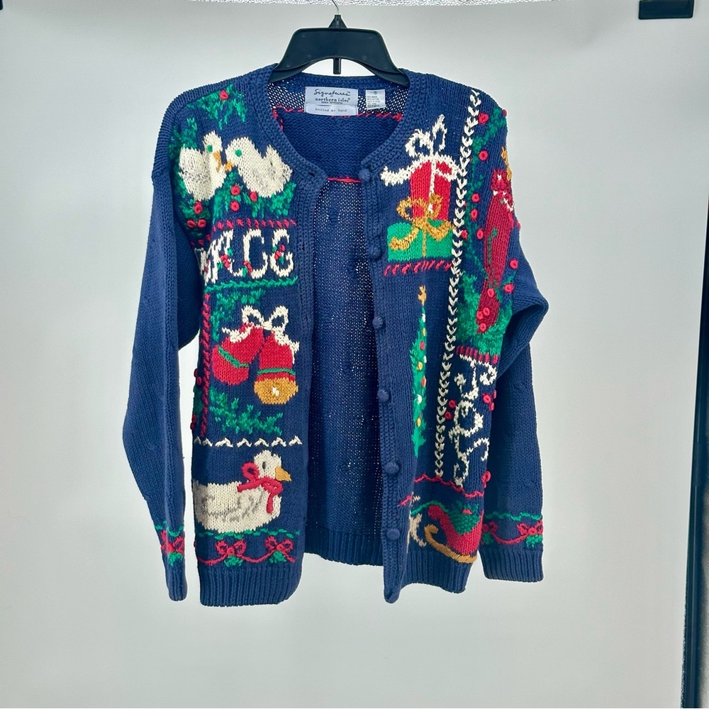 Women’s Small Vintage Blue Hand Knit Ugly Christmas‎ Sweater Cardigan